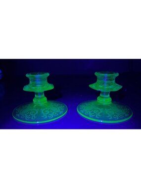Vintage Uranium Glass Candlesticks Depression Glass Etched  Candlesticks - Set o